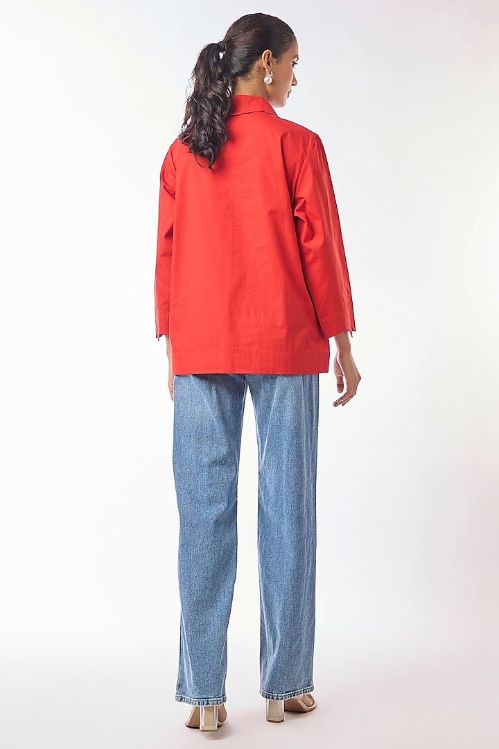 Red Giza Cotton Hand Embroidered Shirt by Nitin Bal Chauhan at Pernia's Pop Up Shop