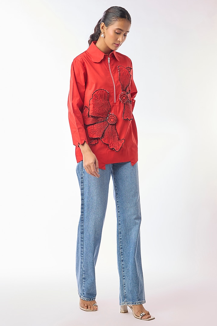 Red Giza Cotton Hand Embroidered Shirt by Nitin Bal Chauhan at Pernia's Pop Up Shop