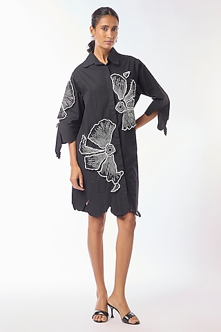 Black Giza Cotton Hand Embroidered Shirt Dress by Nitin Bal Chauhan