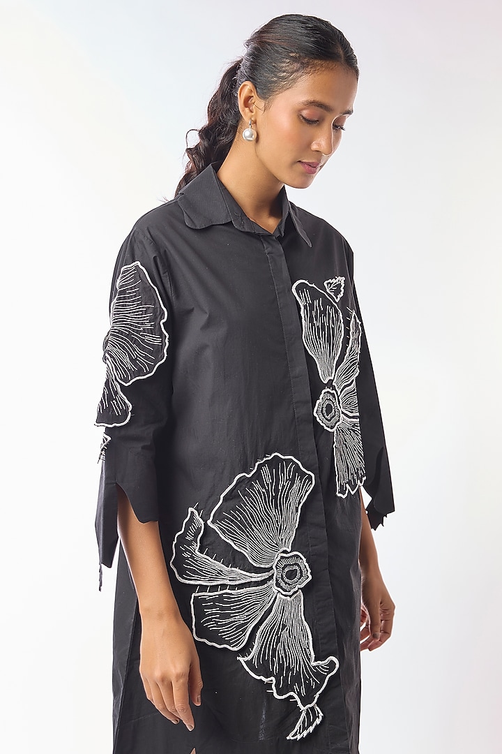 Black Giza Cotton Hand Embroidered Vacation Shirt Dress by Nitin Bal Chauhan at Pernia's Pop Up Shop