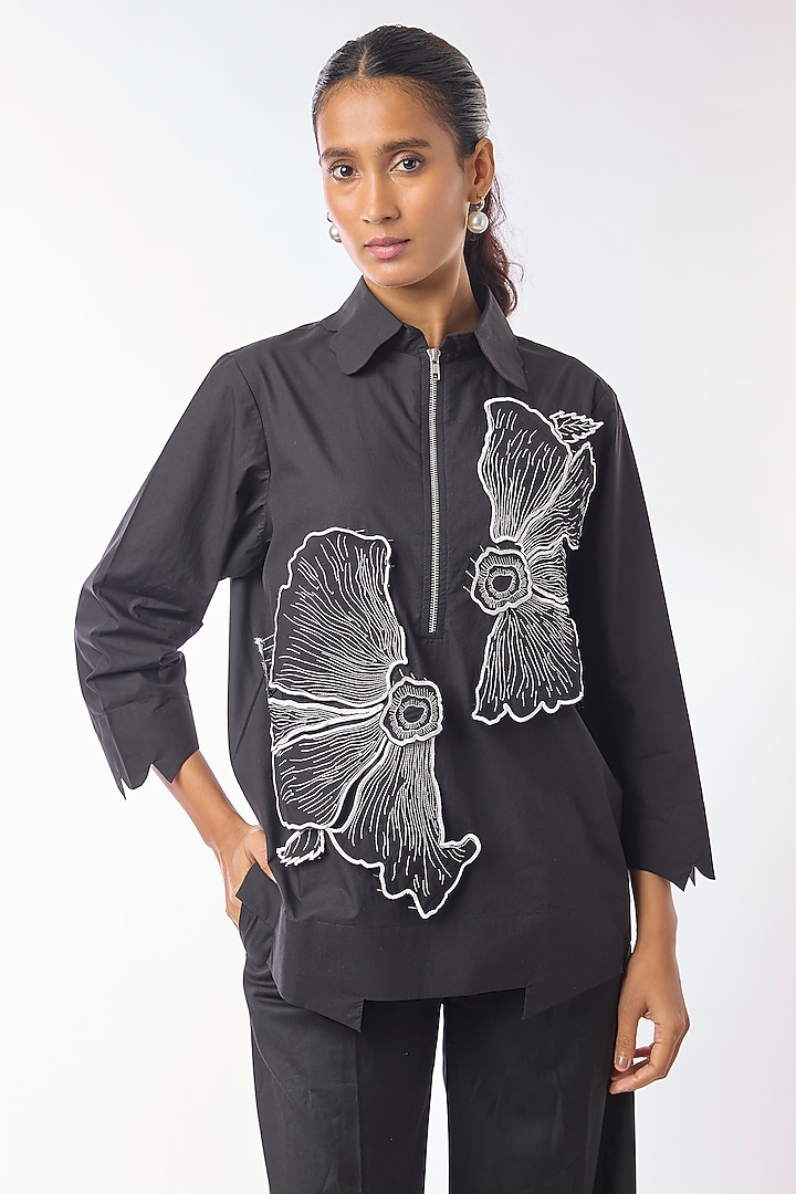 Black Giza Cotton Hand Embroidered Shirt by Nitin Bal Chauhan at Pernia's Pop Up Shop