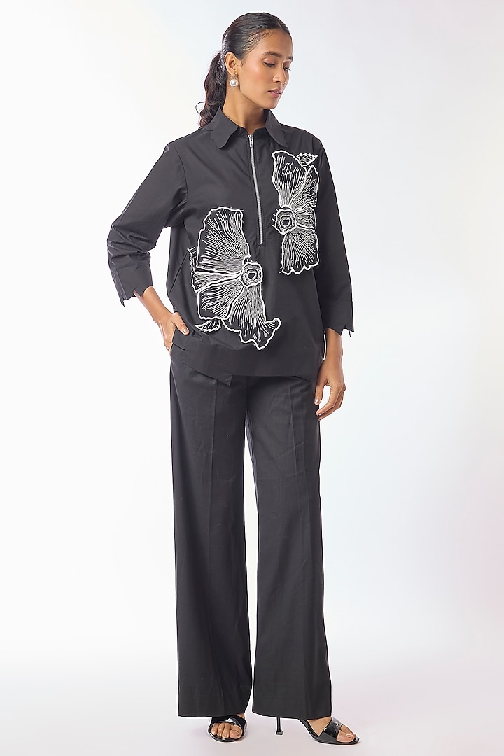 Black Giza Cotton Hand Embroidered Shirt by Nitin Bal Chauhan at Pernia's Pop Up Shop