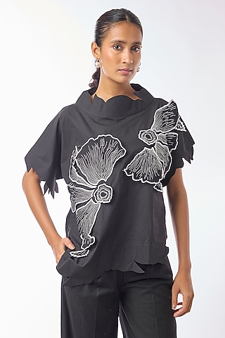 Black Giza Cotton Hand Embroidered Top by Nitin Bal Chauhan