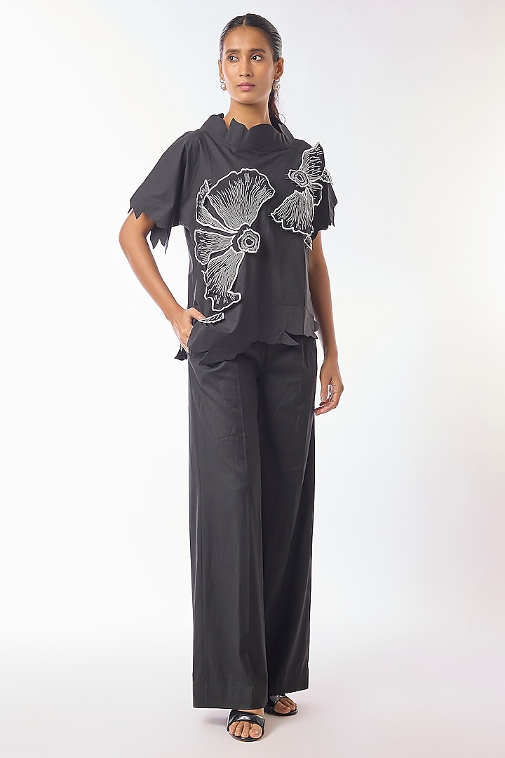 Black Giza Cotton Hand Embroidered Top by Nitin Bal Chauhan at Pernia's Pop Up Shop