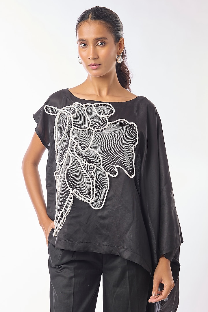 Black Giza Cotton Hand Embroidered Top by Nitin Bal Chauhan at Pernia's Pop Up Shop