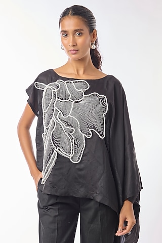 Black Giza Cotton Hand Embroidered Top by Nitin Bal Chauhan
