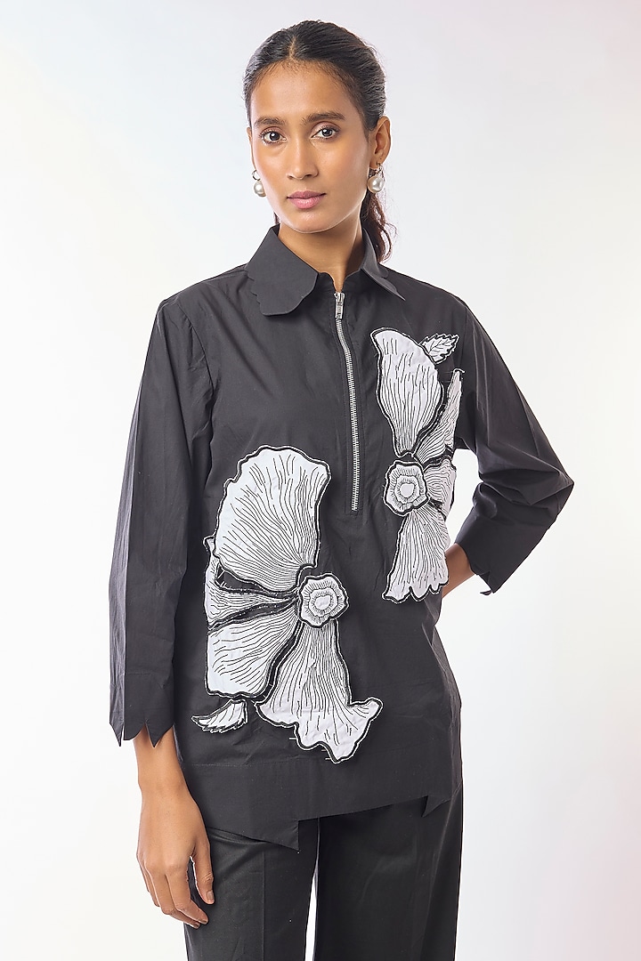Black Giza Cotton Hand Embroidered Shirt by Nitin Bal Chauhan at Pernia's Pop Up Shop