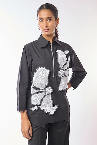 Black Giza Cotton Hand Embroidered Shirt by Nitin Bal Chauhan