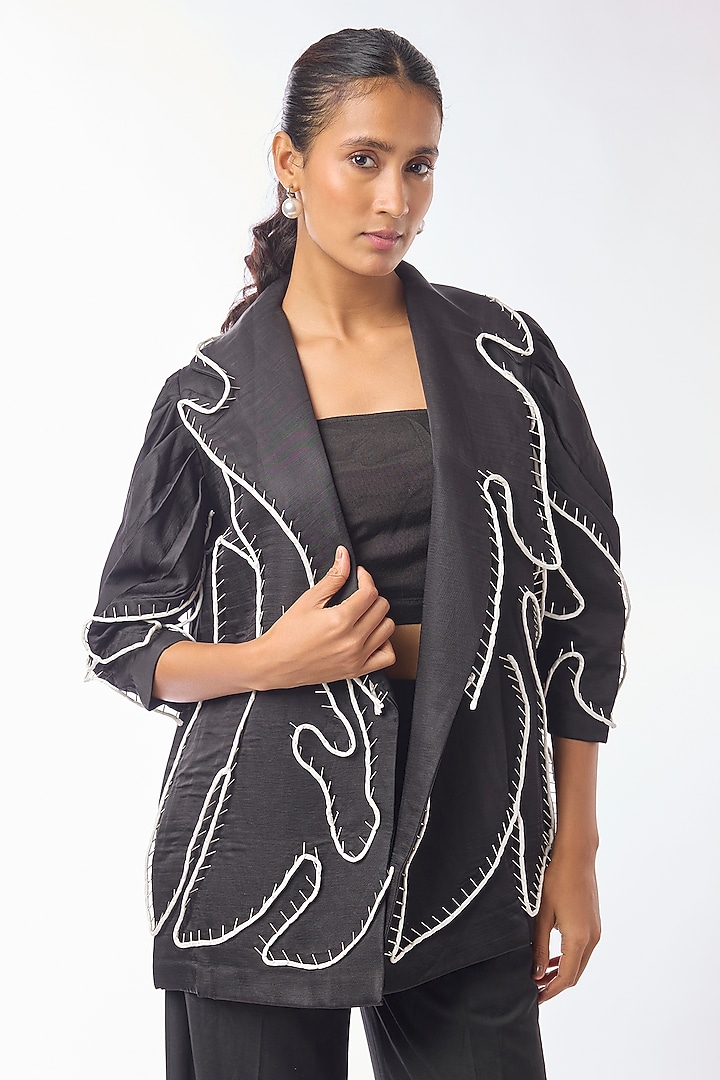 Black Giza Cotton Hand Embroidered Open Jacket by Nitin Bal Chauhan at Pernia's Pop Up Shop