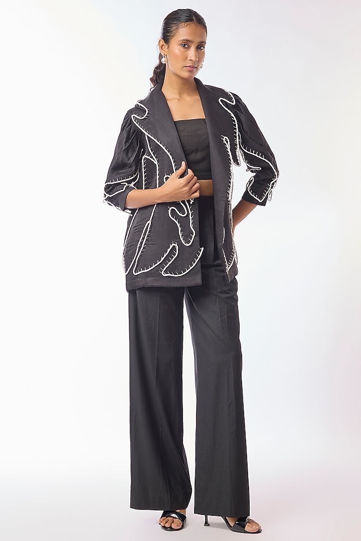 Black Giza Cotton Hand Embroidered Open Jacket by Nitin Bal Chauhan at Pernia's Pop Up Shop
