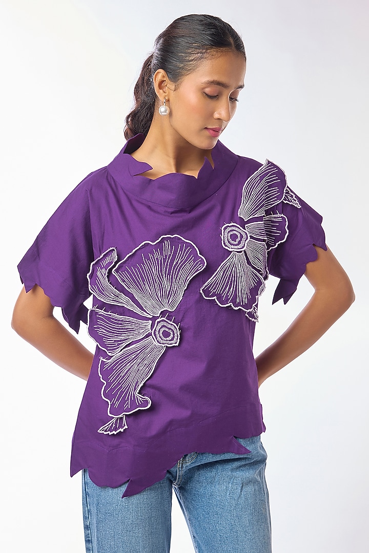 Purple Giza Cotton Hand Embroidered Top by Nitin Bal Chauhan at Pernia's Pop Up Shop