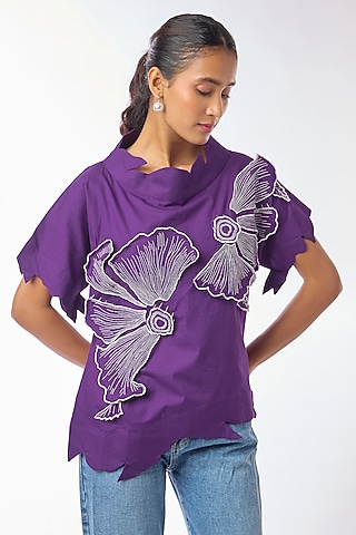 Purple Giza Cotton Hand Embroidered Top by Nitin Bal Chauhan