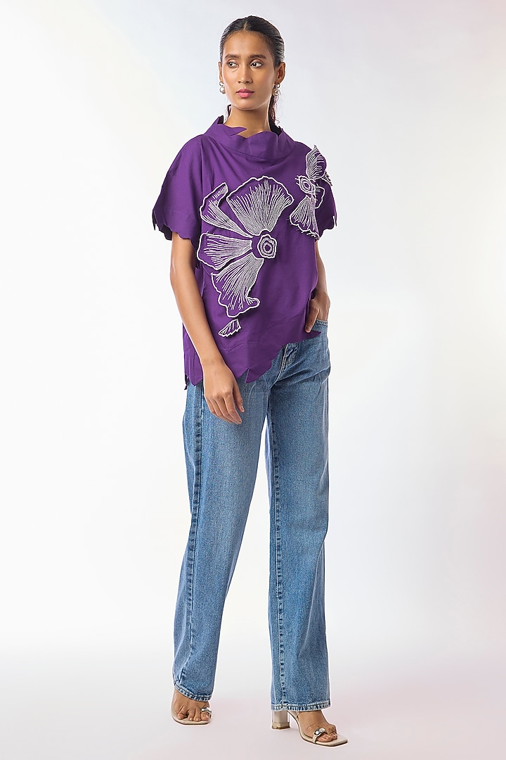 Purple Giza Cotton Hand Embroidered Top by Nitin Bal Chauhan at Pernia's Pop Up Shop