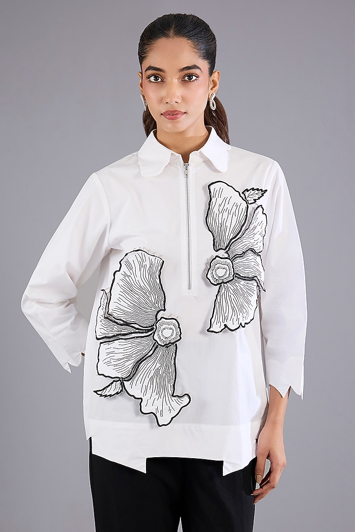 White Cotton Applique Work Zip Shirt by Nitin Bal Chauhan at Pernia's Pop Up Shop