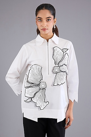 White Cotton Applique Work Zip Shirt by Nitin Bal Chauhan