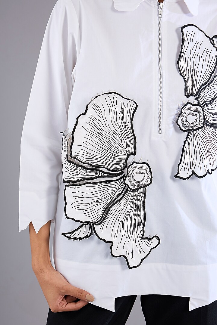 White Cotton Applique Work Zip Shirt by Nitin Bal Chauhan at Pernia's Pop Up Shop