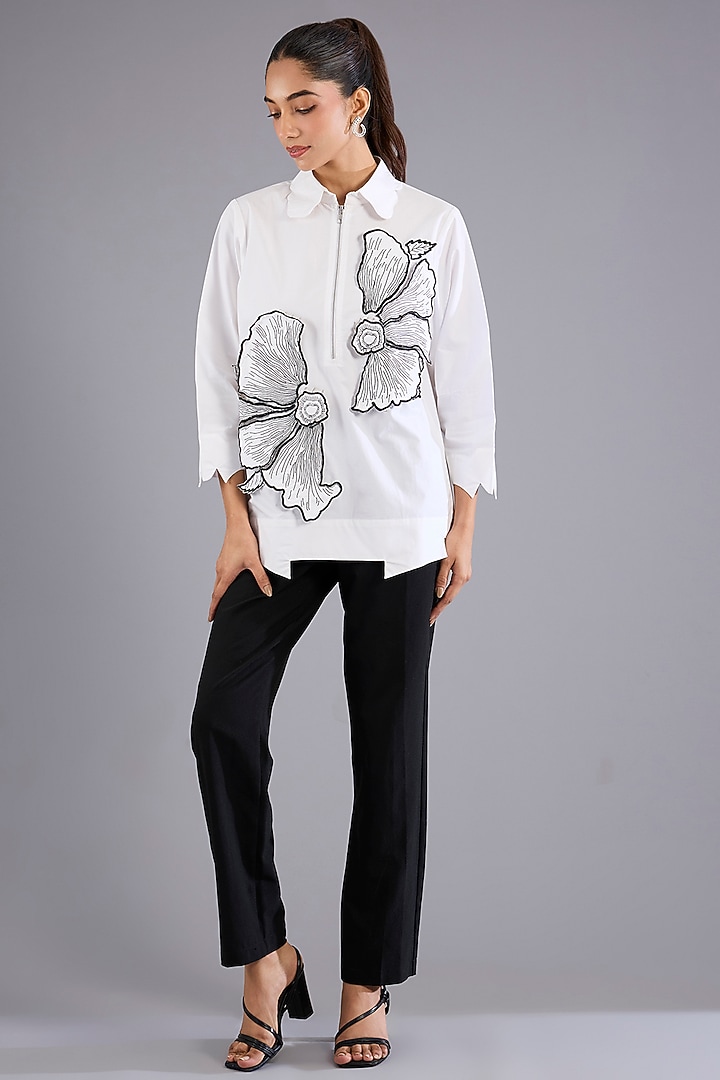 White Cotton Applique Work Zip Shirt by Nitin Bal Chauhan at Pernia's Pop Up Shop