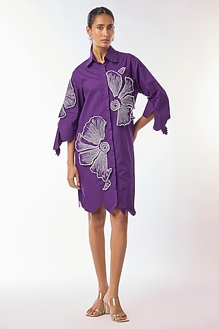 Purple Giza Cotton Hand Embroidered Shirt Dress by Nitin Bal Chauhan