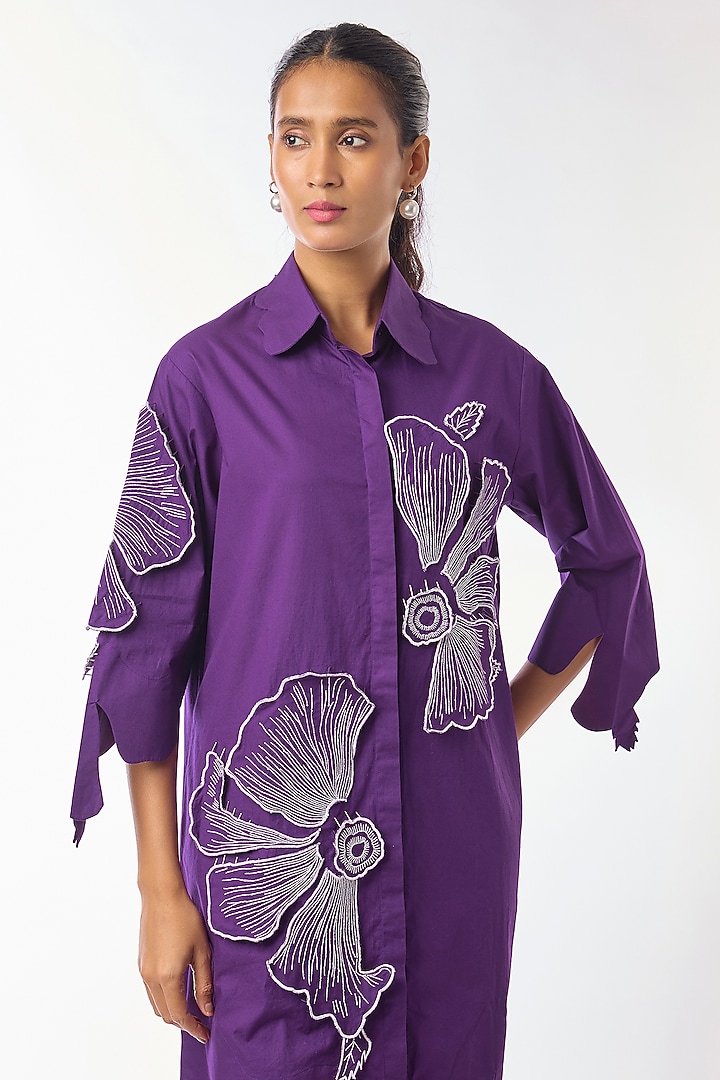 Purple Giza Cotton Hand Embroidered Vacation Shirt Dress by Nitin Bal Chauhan at Pernia's Pop Up Shop