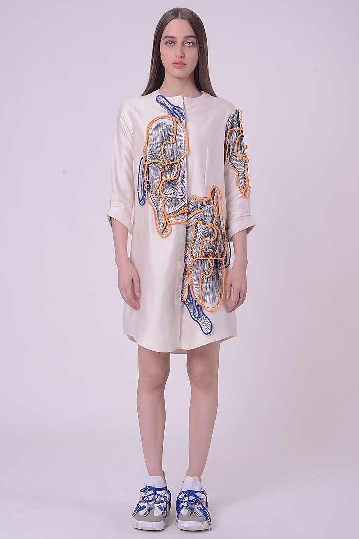 Off-White Silk Chanderi Hand & Machine Embroidered Shirt Cocktail Dress by Nitin Bal Chauhan at Pernia's Pop Up Shop