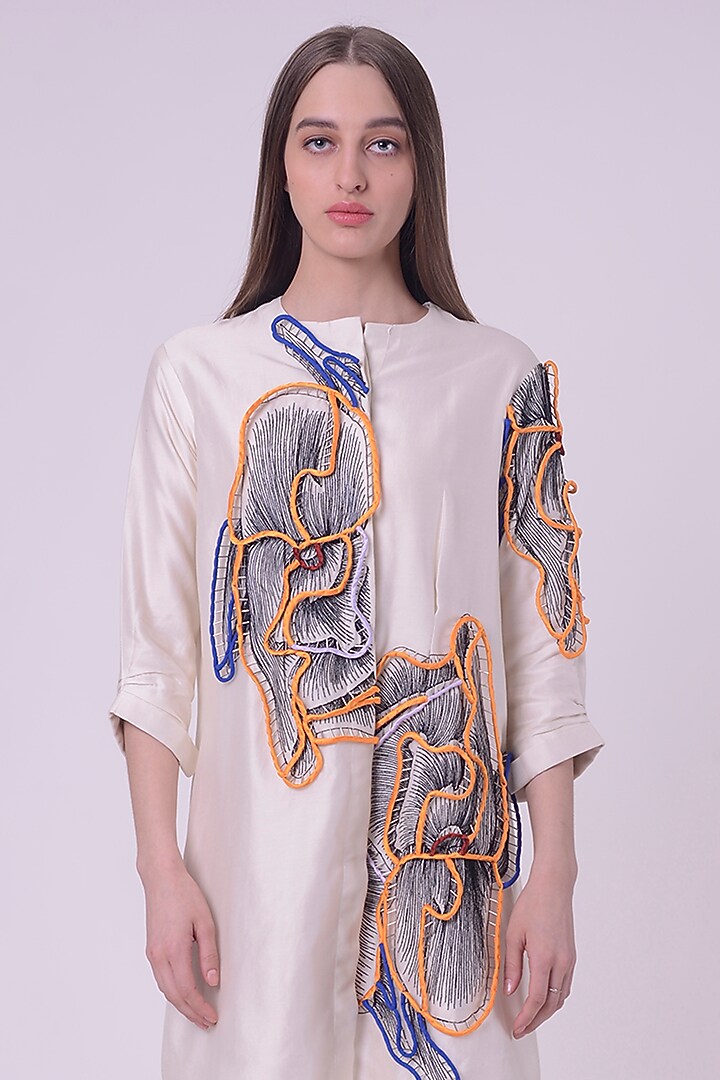Off-White Silk Chanderi Hand & Machine Embroidered Shirt Cocktail Dress by Nitin Bal Chauhan at Pernia's Pop Up Shop