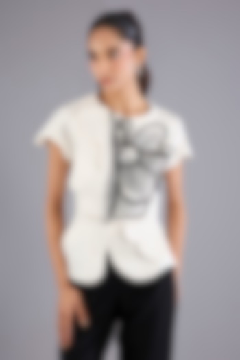 White Linen Satin Dori Embroidered Peplum-Style Top by Nitin Bal Chauhan at Pernia's Pop Up Shop