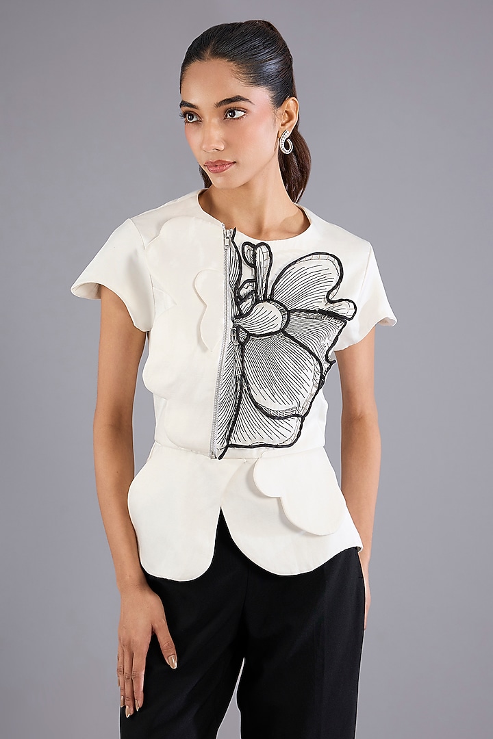 White Linen Satin Dori Embroidered Peplum-Style Top by Nitin Bal Chauhan at Pernia's Pop Up Shop