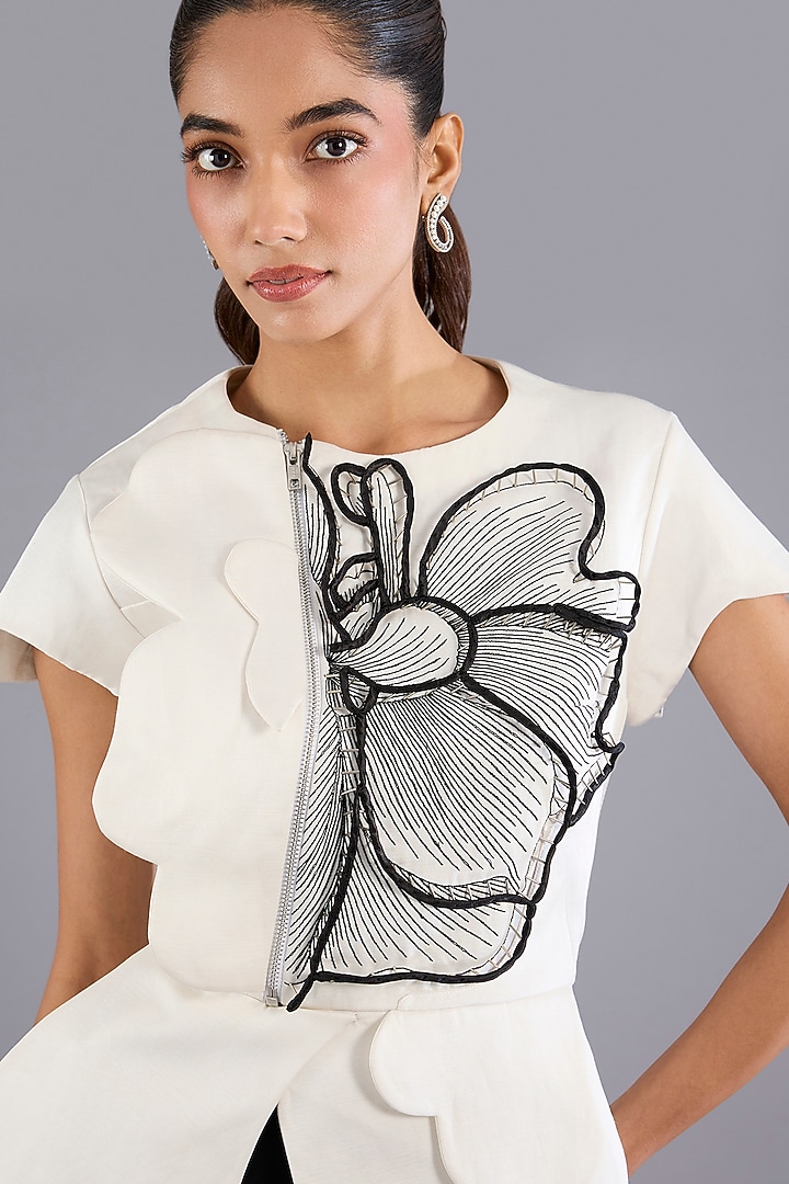 White Linen Satin Dori Embroidered Peplum-Style Top by Nitin Bal Chauhan at Pernia's Pop Up Shop