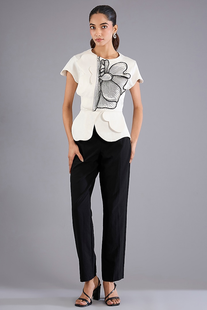 White Linen Satin Dori Embroidered Peplum-Style Top by Nitin Bal Chauhan at Pernia's Pop Up Shop