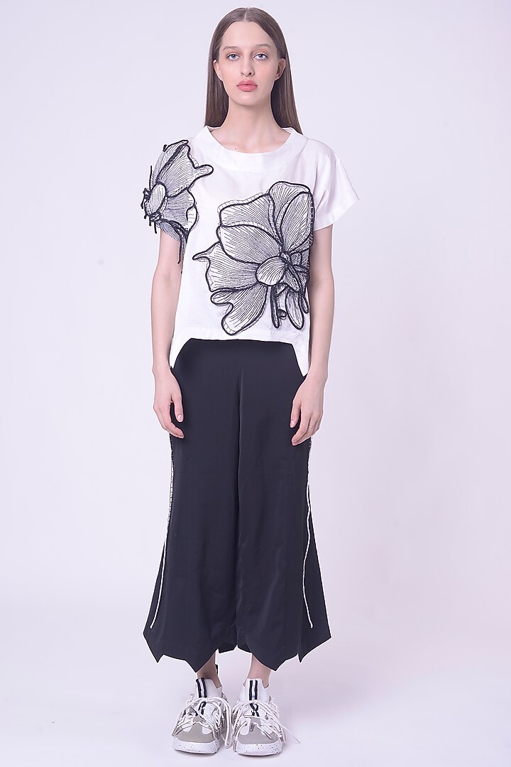White Linen Satin Hand & Machine Embroidered Top by Nitin Bal Chauhan at Pernia's Pop Up Shop