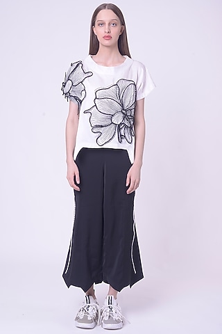 White Linen Satin Hand & Machine Embroidered Top by Nitin Bal Chauhan