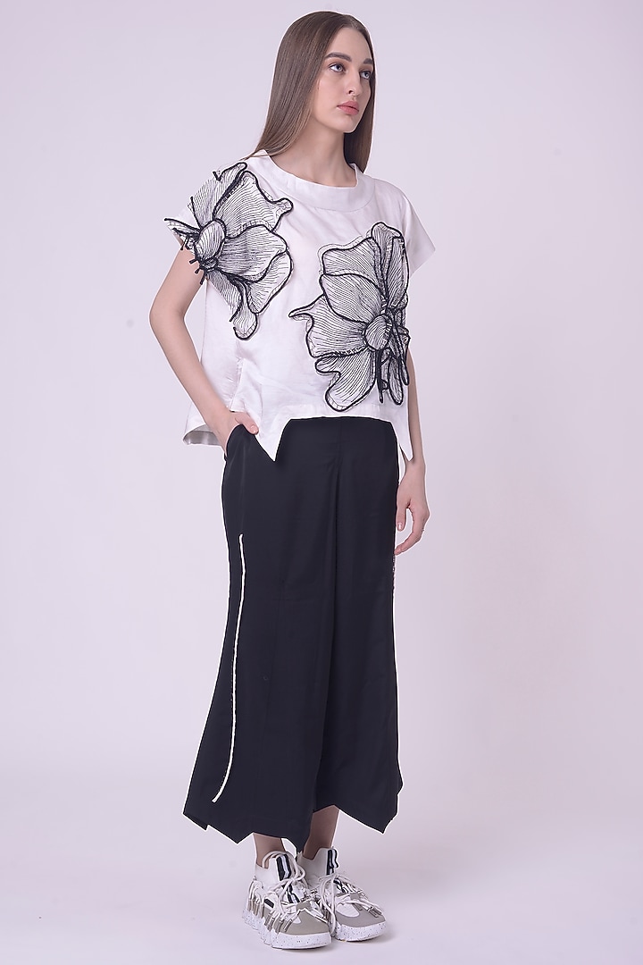 White Linen Satin Hand & Machine Embroidered Top by Nitin Bal Chauhan at Pernia's Pop Up Shop