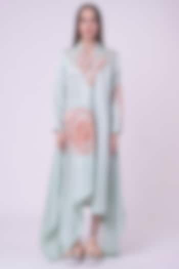 Light Green Linen Satin Hand & Machine Embroidered Shacket by Nitin Bal Chauhan at Pernia's Pop Up Shop