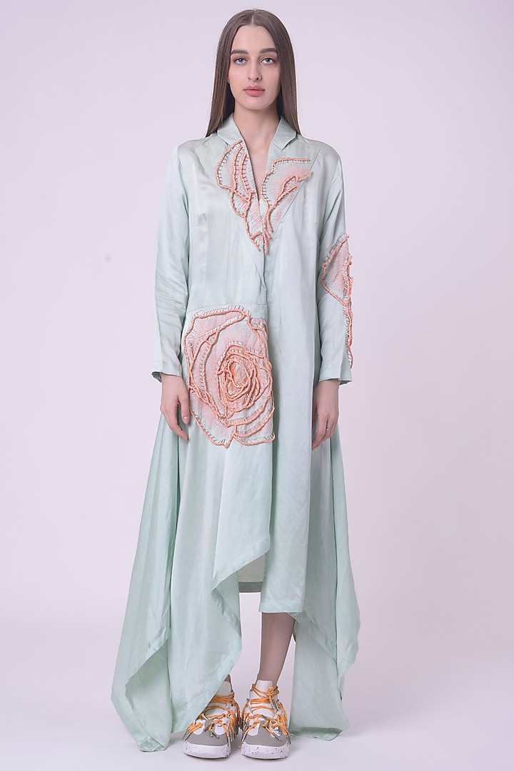 Light Green Linen Satin Hand & Machine Embroidered Shacket by Nitin Bal Chauhan at Pernia's Pop Up Shop
