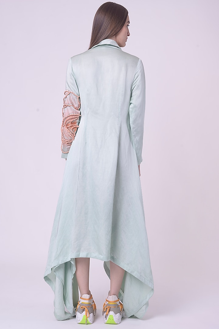Light Green Linen Satin Hand & Machine Embroidered Shacket by Nitin Bal Chauhan at Pernia's Pop Up Shop