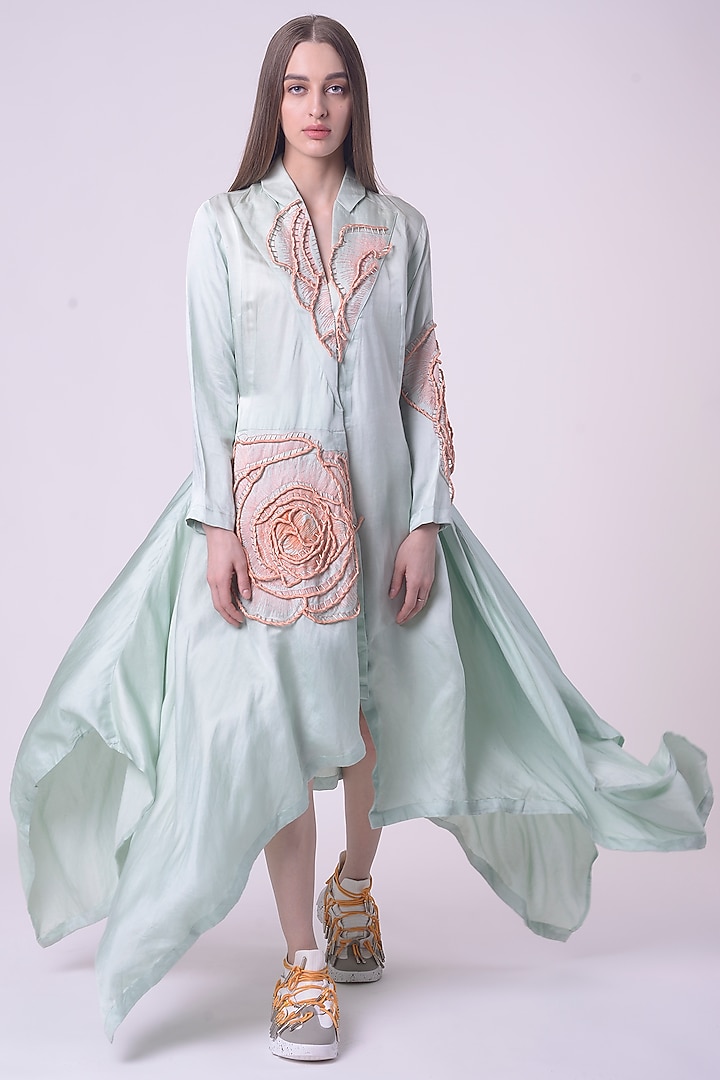 Light Green Linen Satin Hand & Machine Embroidered Shacket by Nitin Bal Chauhan at Pernia's Pop Up Shop