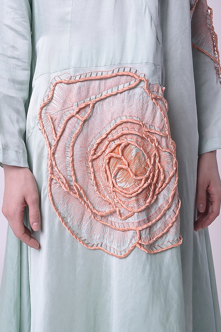 Light Green Linen Satin Hand & Machine Embroidered Shacket by Nitin Bal Chauhan at Pernia's Pop Up Shop