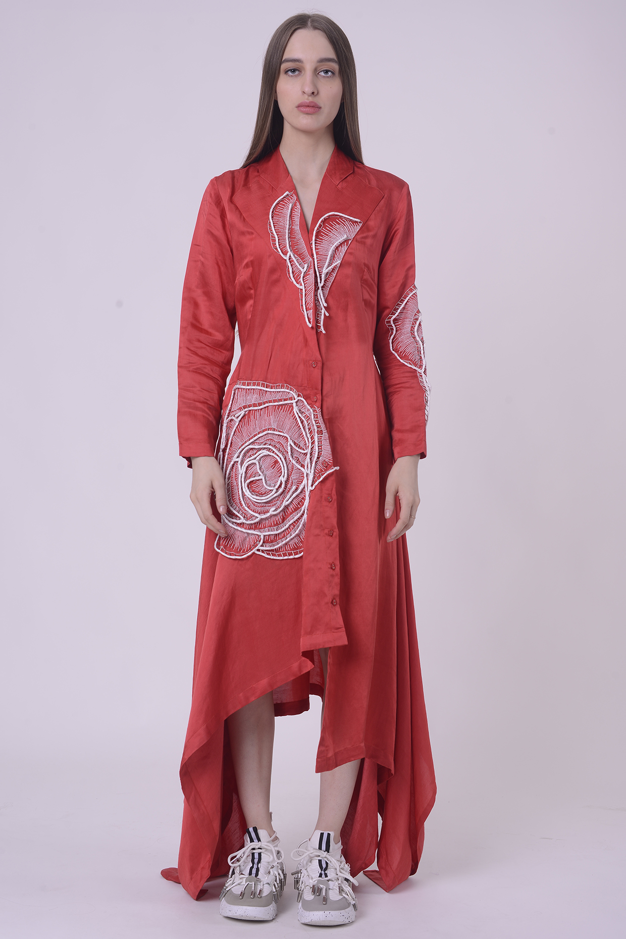 Red Linen Satin Hand & Machine Embroidered Shacket by Nitin Bal Chauhan at Pernia's Pop Up Shop