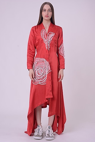 Red Linen Satin Hand & Machine Embroidered Shacket by Nitin Bal Chauhan