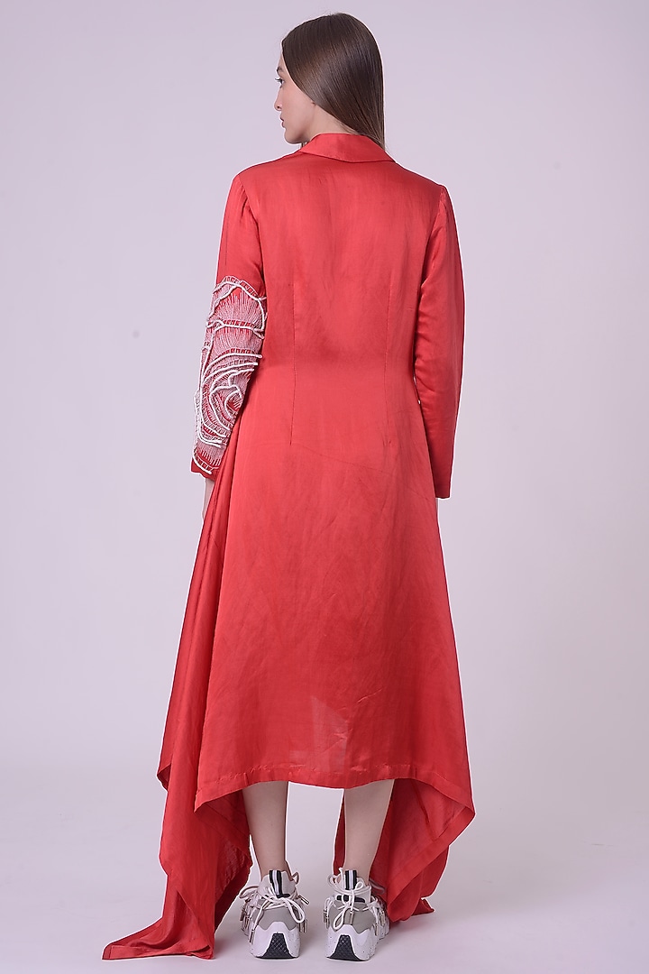 Red Linen Satin Hand & Machine Embroidered Shacket by Nitin Bal Chauhan at Pernia's Pop Up Shop