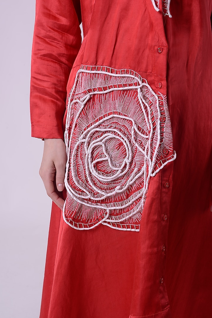 Red Linen Satin Hand & Machine Embroidered Shacket by Nitin Bal Chauhan at Pernia's Pop Up Shop
