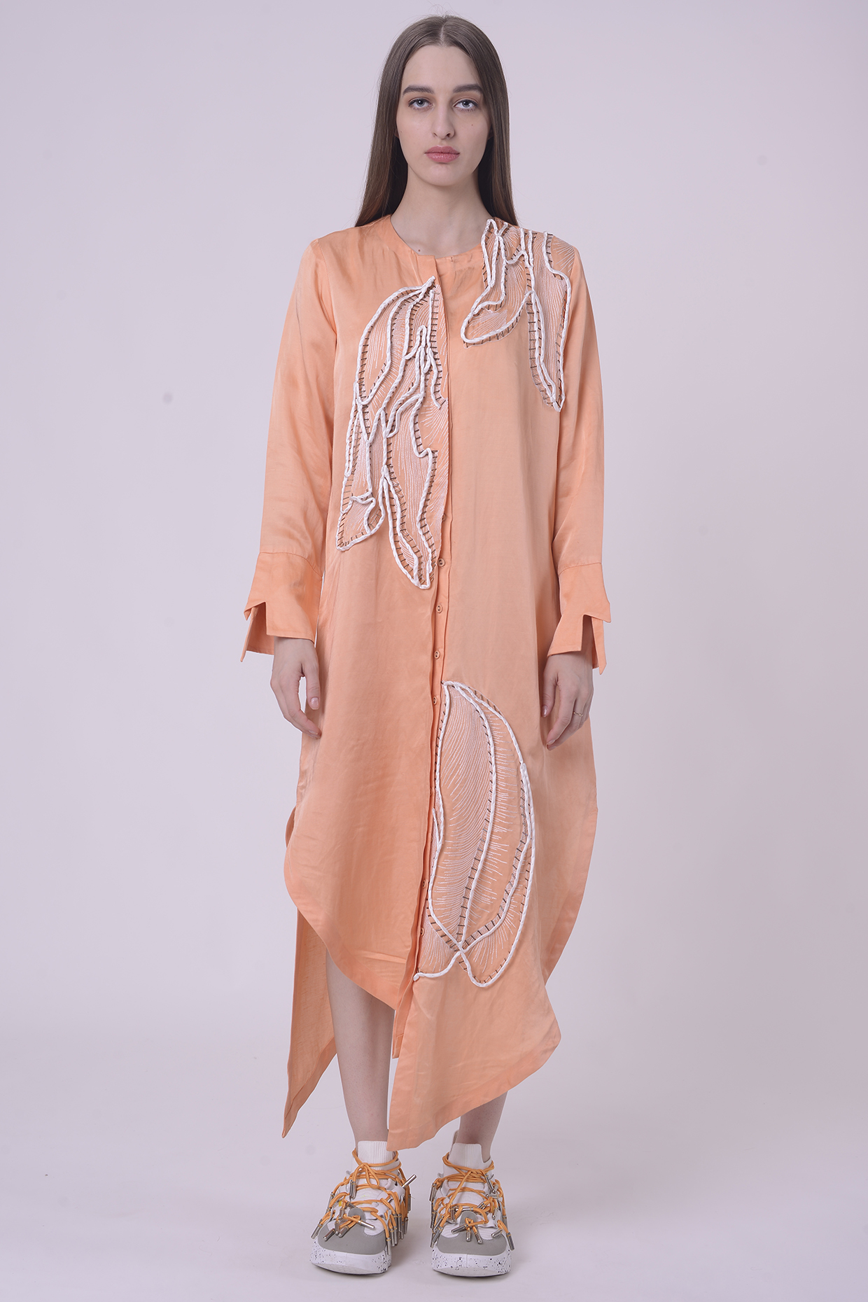 Orange Fuzz Linen Satin Hand & Machine Embroidered Tunic by Nitin Bal Chauhan at Pernia's Pop Up Shop