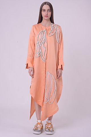 Orange Fuzz Linen Satin Hand & Machine Embroidered Tunic by Nitin Bal Chauhan