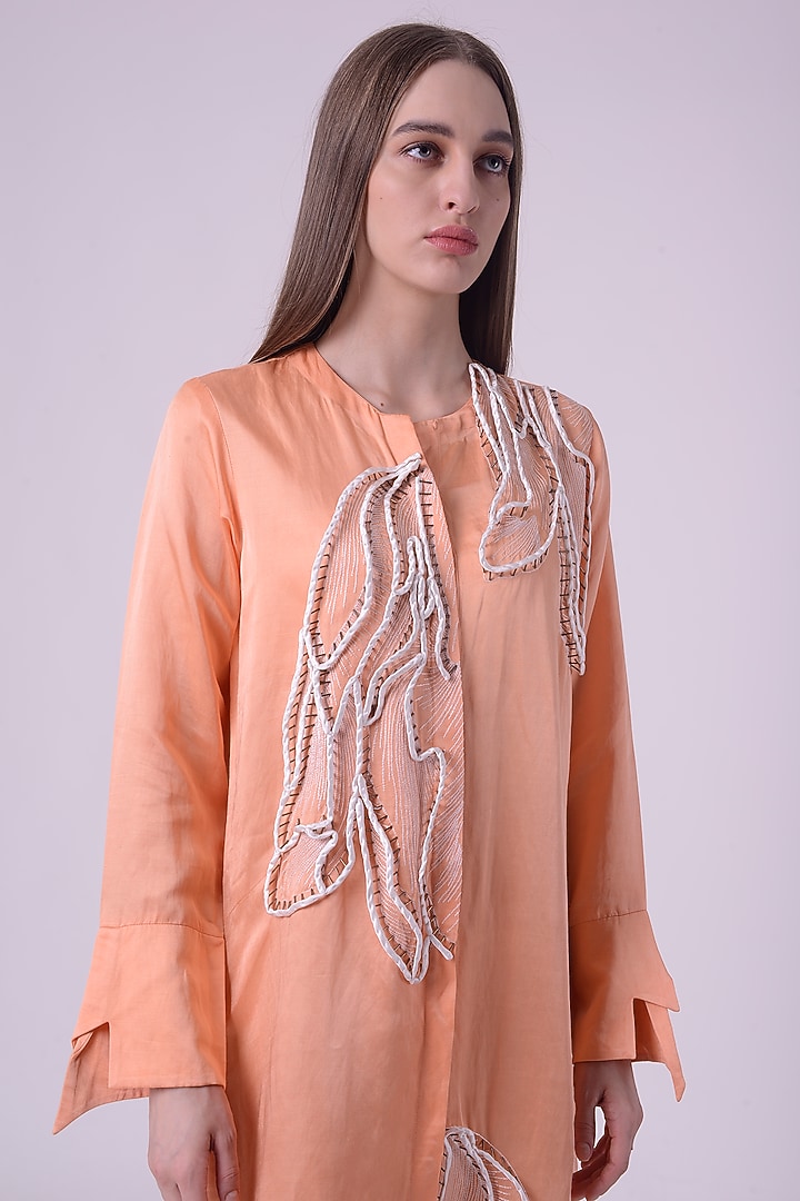 Orange Fuzz Linen Satin Hand & Machine Embroidered Tunic by Nitin Bal Chauhan at Pernia's Pop Up Shop