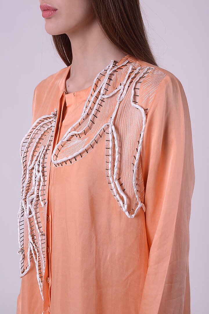 Orange Fuzz Linen Satin Hand & Machine Embroidered Tunic by Nitin Bal Chauhan at Pernia's Pop Up Shop