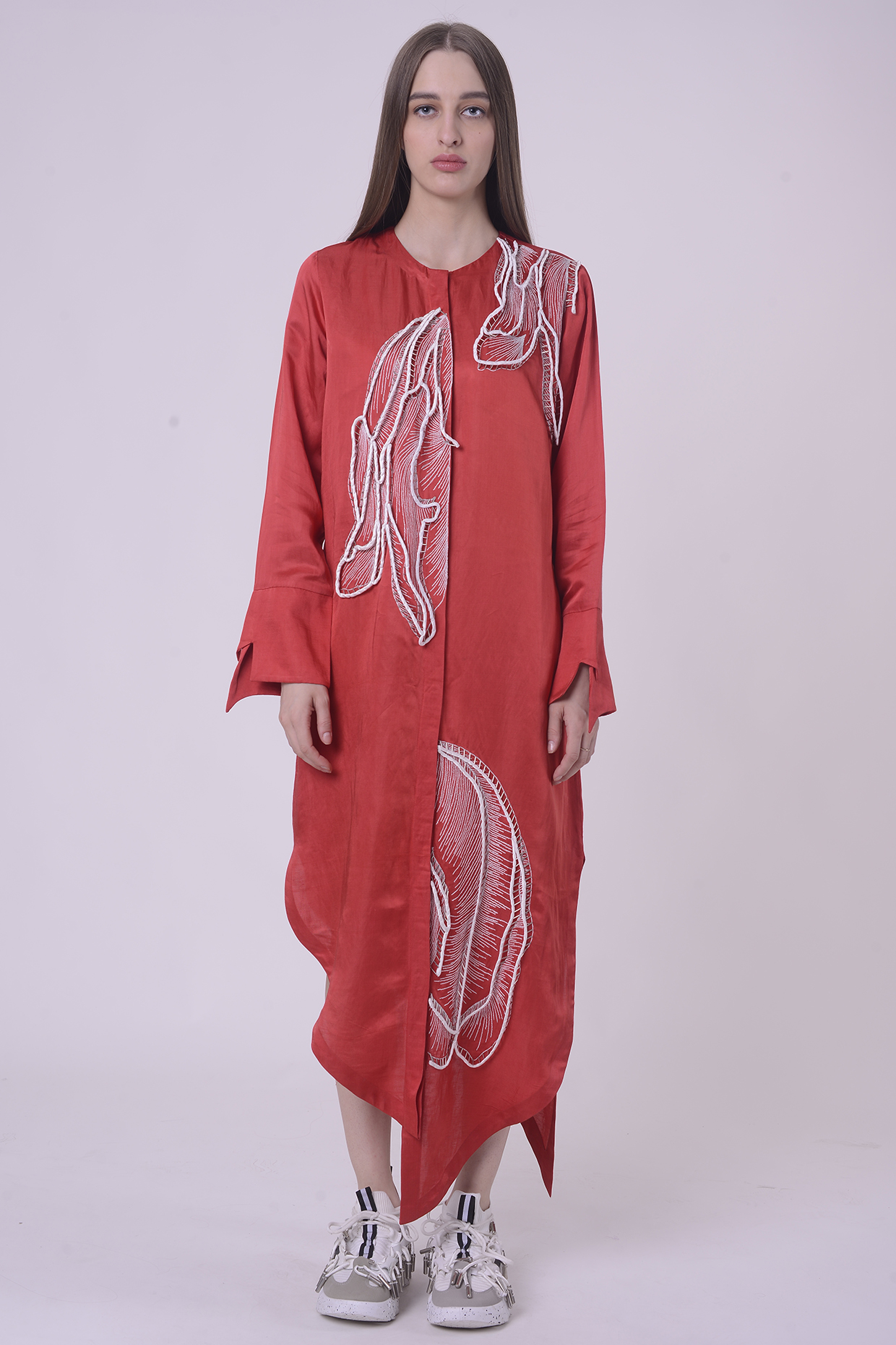 Red Linen Satin Hand & Machine Embroidered Tunic by Nitin Bal Chauhan at Pernia's Pop Up Shop