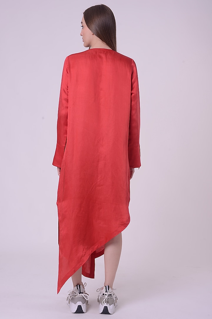 Red Linen Satin Hand & Machine Embroidered Tunic by Nitin Bal Chauhan at Pernia's Pop Up Shop