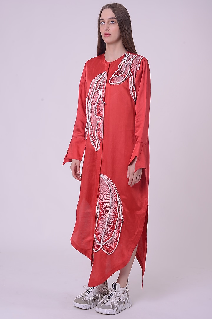 Red Linen Satin Hand & Machine Embroidered Tunic by Nitin Bal Chauhan at Pernia's Pop Up Shop