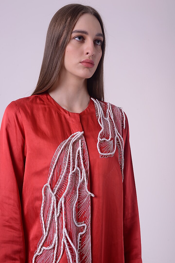 Red Linen Satin Hand & Machine Embroidered Tunic by Nitin Bal Chauhan at Pernia's Pop Up Shop