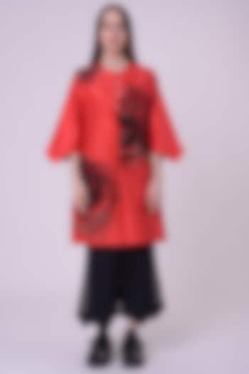 Red Linen Satin Hand & Machine Embroidered Shirt Dress by Nitin Bal Chauhan at Pernia's Pop Up Shop